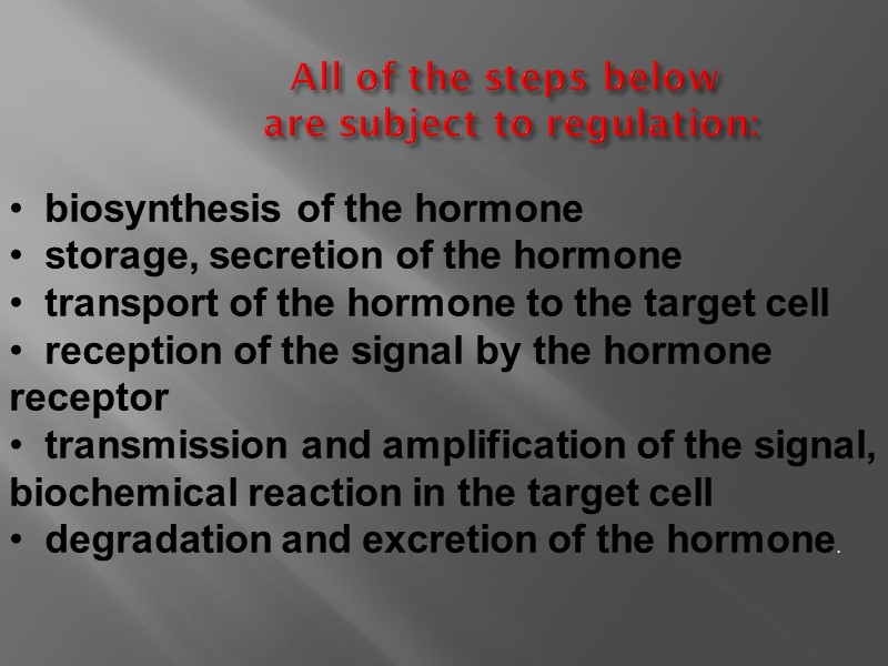 All of the steps below  are subject to regulation: biosynthesis of the hormone